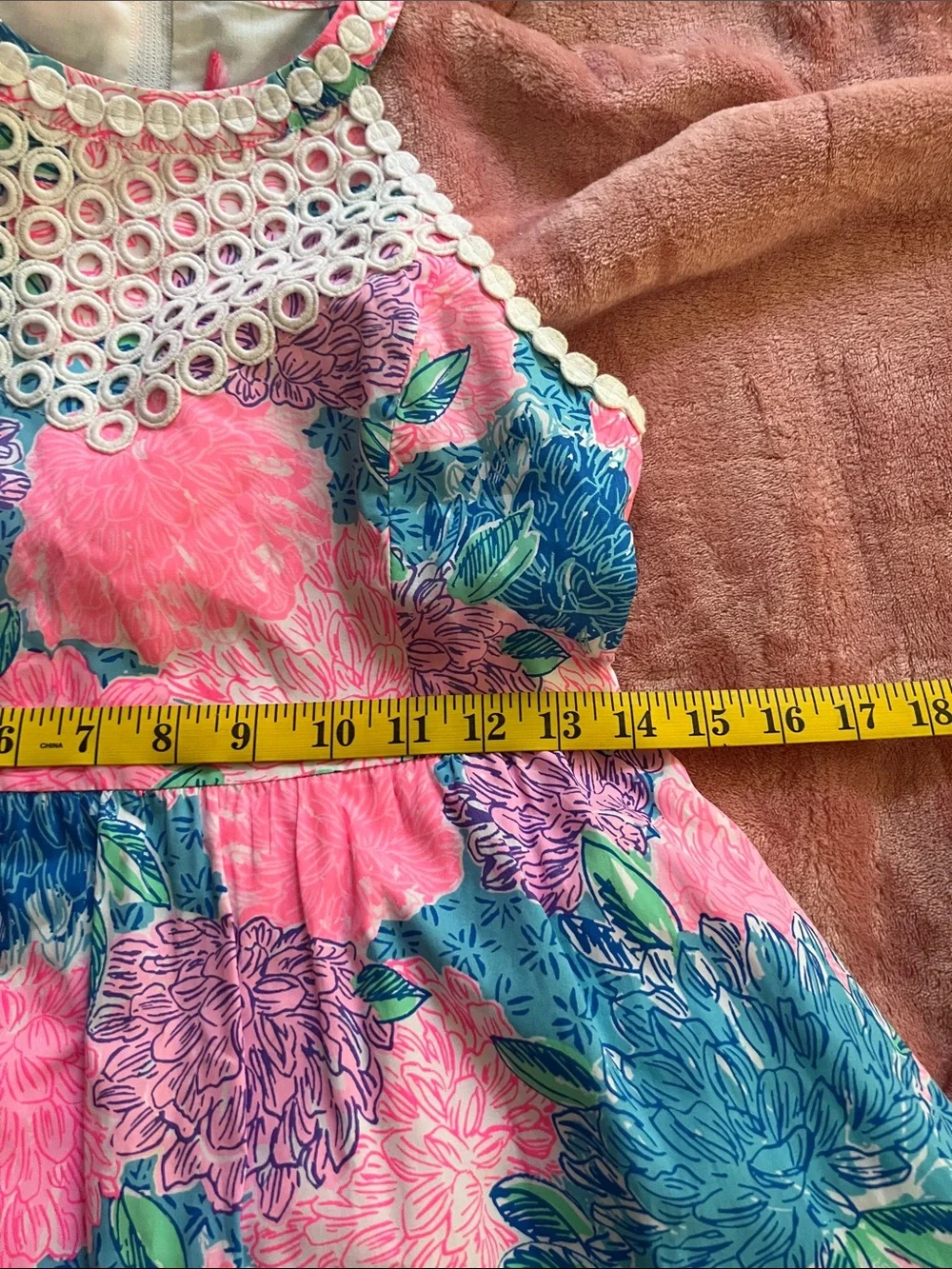 Lily Pulitzer Girls Pink & Blue Floral Halter Dress with Crochet Yoke lined